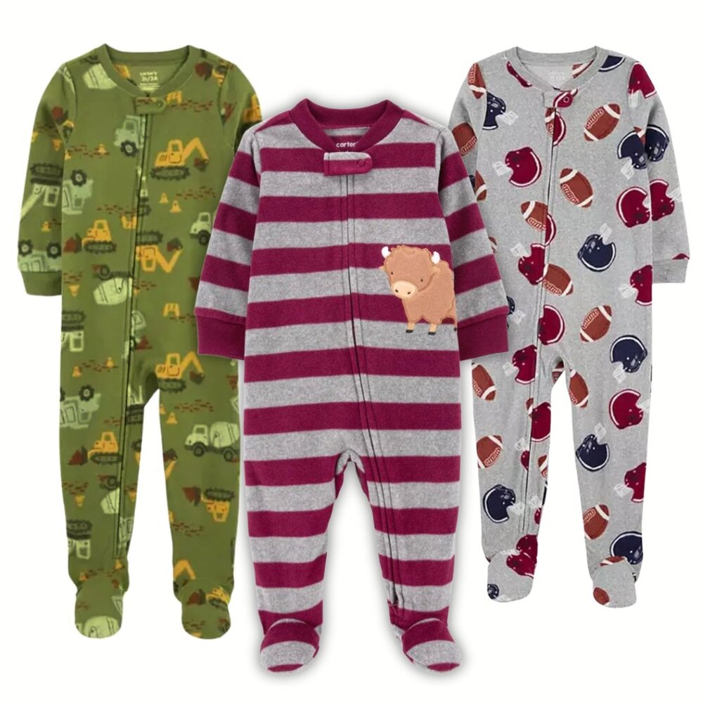 Carter’s Baby Boy 3-Pack Fleece Footed Pajamas | 6M | Double Zipper Sleepers